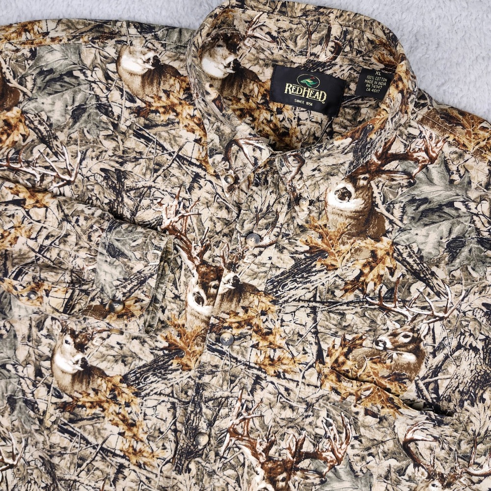 RedHead Camo Deer Buck Print Button Down Shirt Mens XL Long Sleeve Hunting Cabin